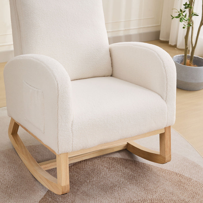 Rocking Chair For Nursery, Sherpa Glider Chair With High Back And Side Pocket, Rocking Accent Armchair With Rubber Wood Legs For Living Room / Bedroom