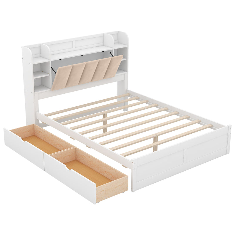 Wood Queen Size Platform Bed with Storage Headboard, Shelves and 2 Drawers, White