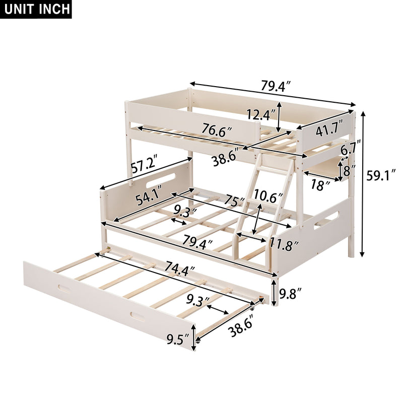 Wood Twin Over Full Bunk Bed With Storage Shelves And Twin Size Trundle - Cream