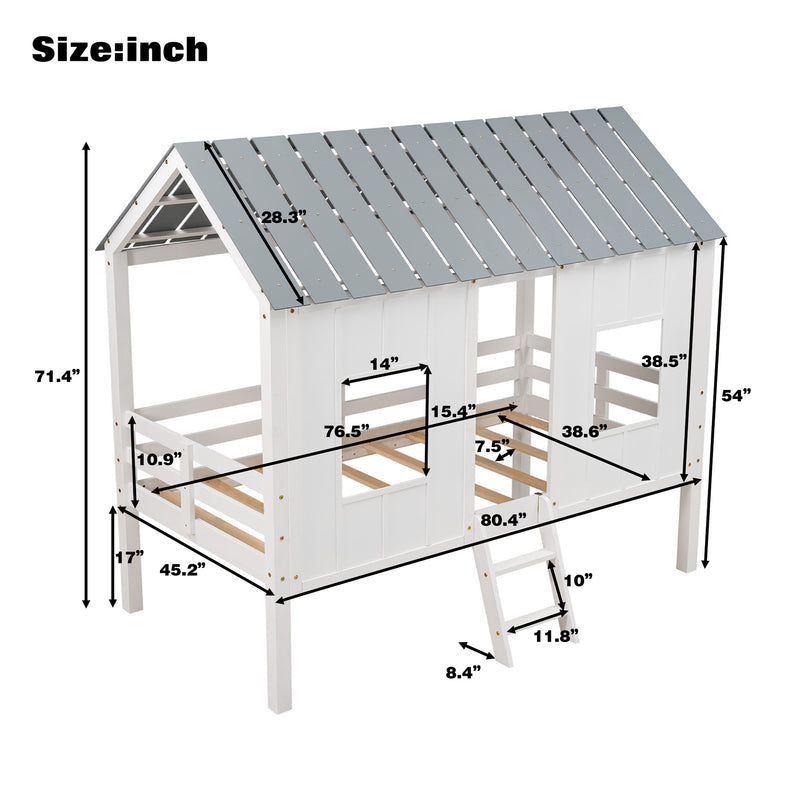 Twin Size Low Loft House Bed with Roof and Two Front Windows , White