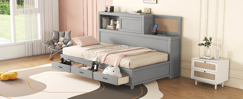 Twin Size Wooden Daybed with 3 Storage Drawers, Upper Soft Board, shelf, and a set of Sockets and USB Ports, Gray