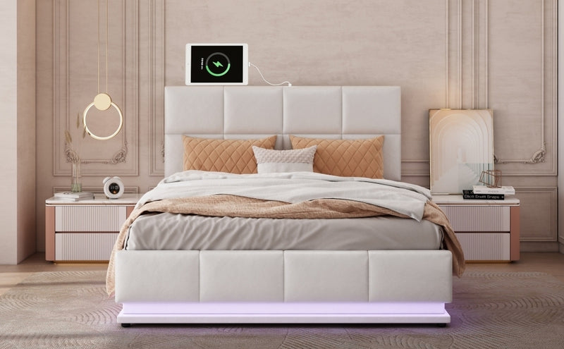 Tufted Upholstered Platform Bed with Hydraulic Storage System,Queen Size PU Storage Bed with LED Lights and USB charger, White