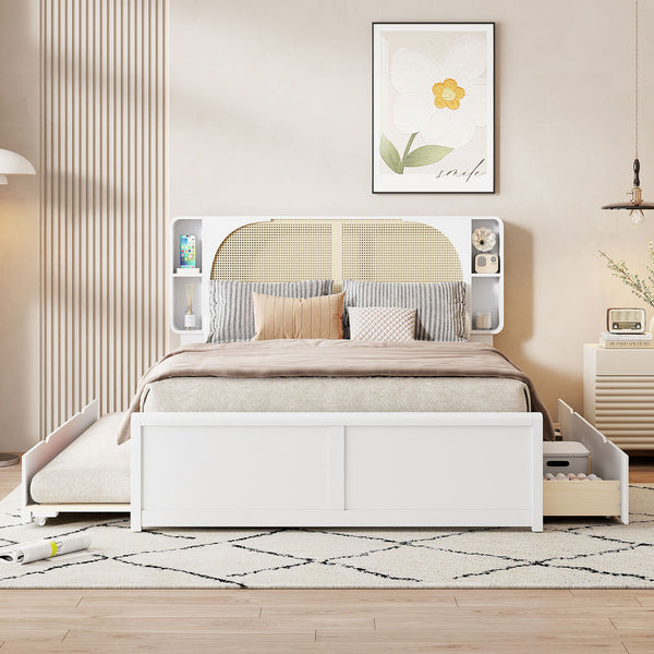 Queen Size Rattan Headboard Bed With Two Drawers And Trundle - White