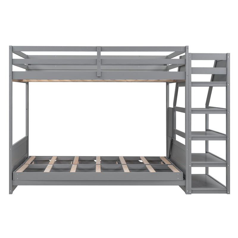 Wood Full Size Convertible Bunk Bed with Storage Staircase, Bedside Table, and 3 Drawers, Gray