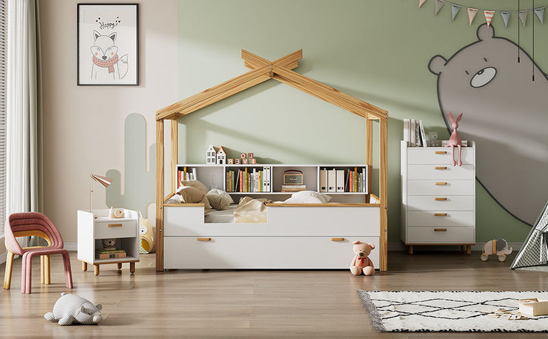 White Full Size Wooden House Bed with Original Wood Colored Frame Twin Size Trundle and Bookshelf Storage Space for Children or Guest Room