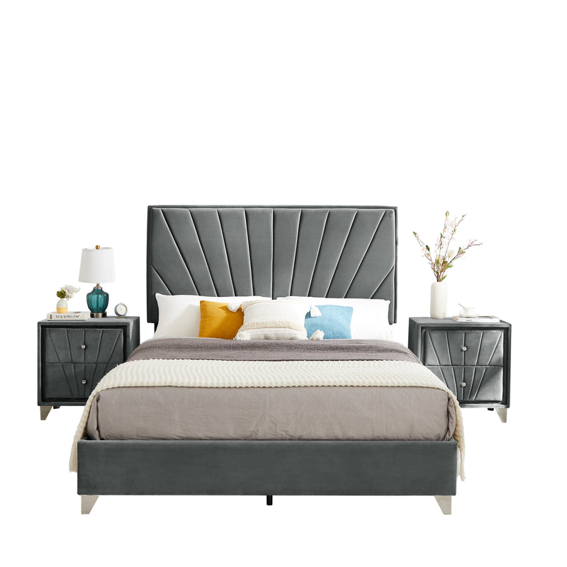 B108 Queen bed with two nightstands, Beautiful line stripe cushion headboard , strong wooden slats + metal legs with Electroplate