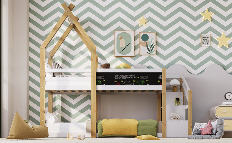 Twin over Twin House Bunk Bed with White Storage Staircase and Blackboard, White and Natural