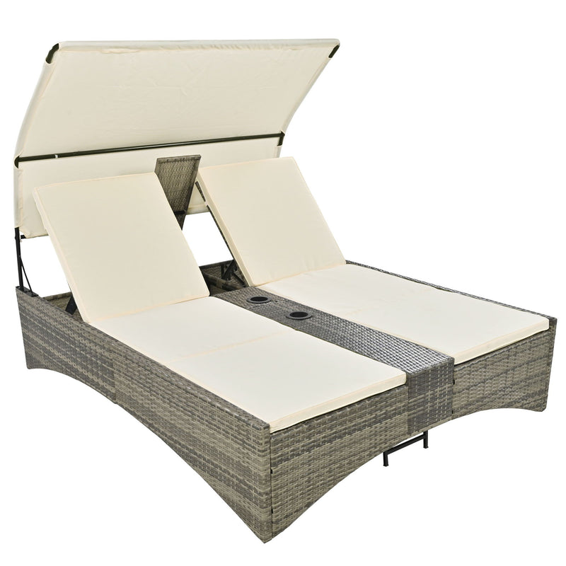 Patio Daybed Outdoor Daybed Sun Lounger With Shelter Roof With Adjustable Backrest, Storage Box And 2 Cup Holders For Patio, Balcony, Poolside