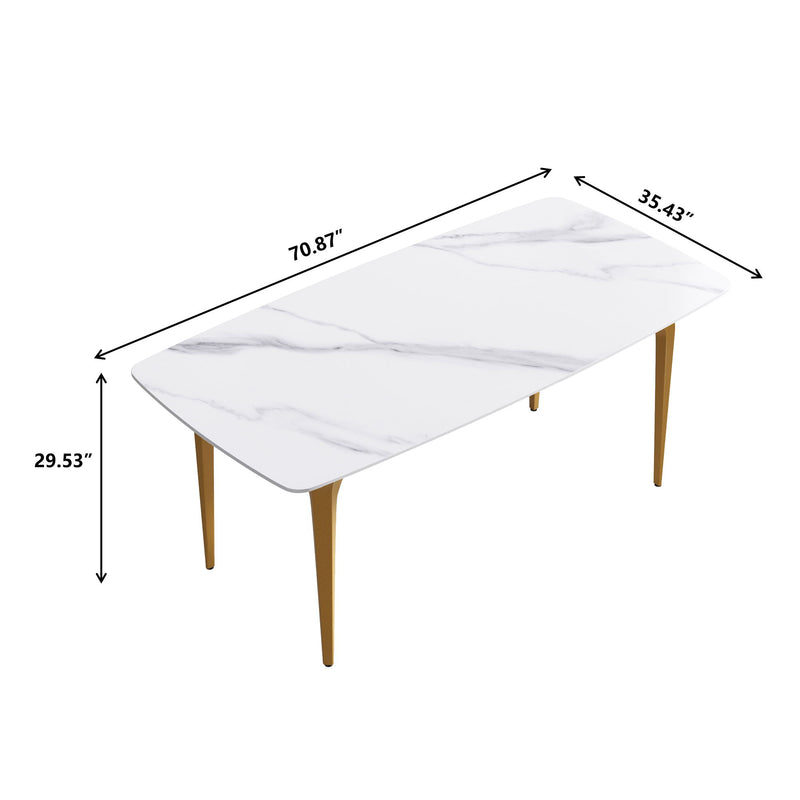 70.87" Modern Artificial Stone White Curved Golden Metal Leg Dining Table, Can Accommodate 6-8 People - White