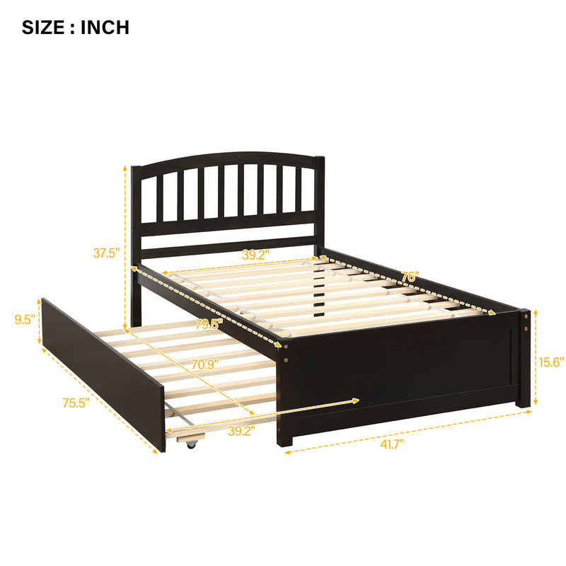 Twin size Platform Bed Wood Bed Frame with Trundle, Espresso