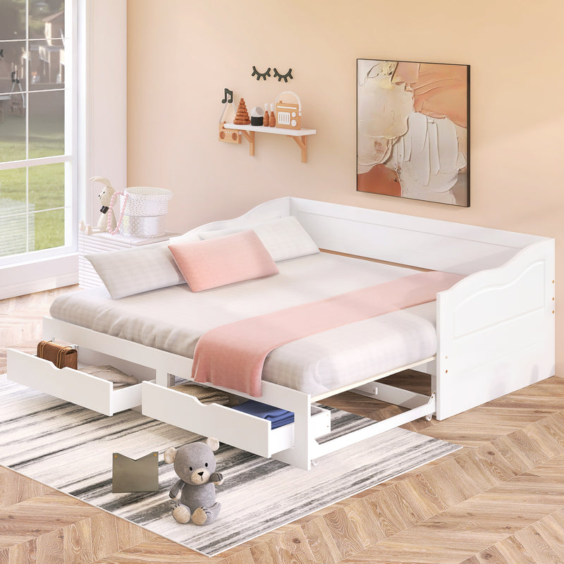 Wooden Daybed with Trundle Bed and Two Storage Drawers , Extendable Bed Daybed,Sofa Bed with Two Drawers, White