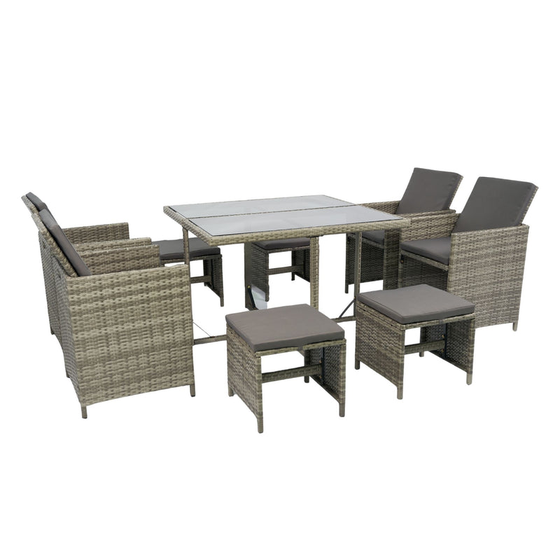 9 Pieces Patio Dining Sets Outdoor Space Saving Rattan Chairs With Glass Table Patio Furniture Sets Cushioned Seating And Back Sectional Conversation Set Wicker And Cushion - Gray