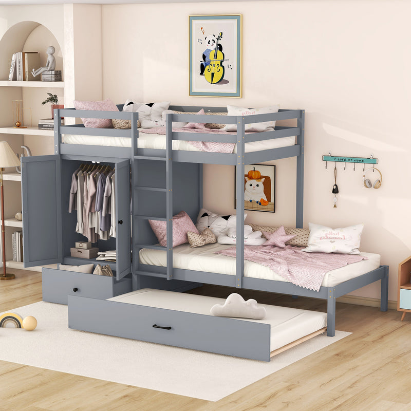 Twin-over-twin Bunk Bed with Wardrobe, Drawers and Shelves, Gray