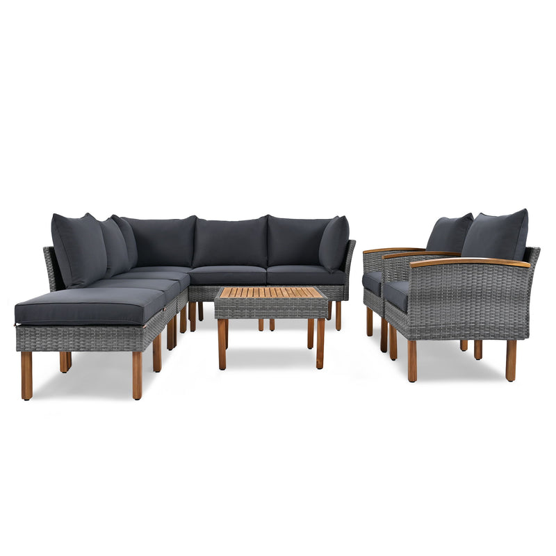 9 Piece Patio Rattan Furniture Set, Outdoor Conversation Set With Acacia Wood Legs And Tabletop, PE Rattan Sectional Sofa Set With Coffee Table, Washable Cushion