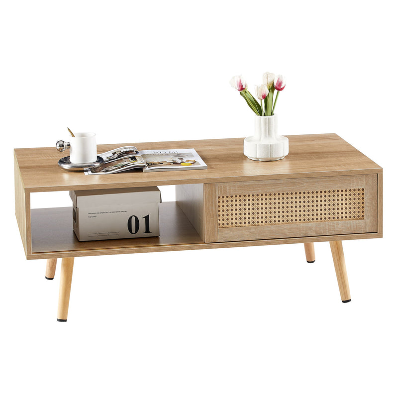 41.34" Rattan Coffee Table, Sliding Door For Storage, Solid Wood Legs, Modern Table For Living Room