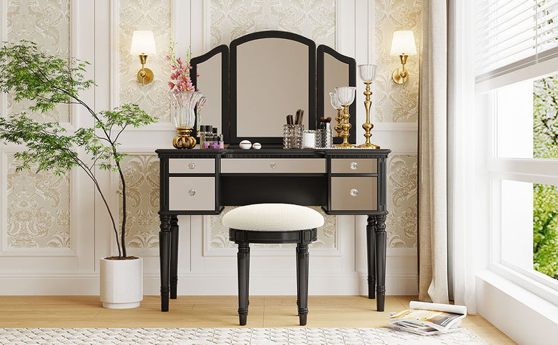 Dressing Table Set With Mirrored Drawers And Stool, Tri-Fold Mirror, Makeup Vanity Set For Bedroom