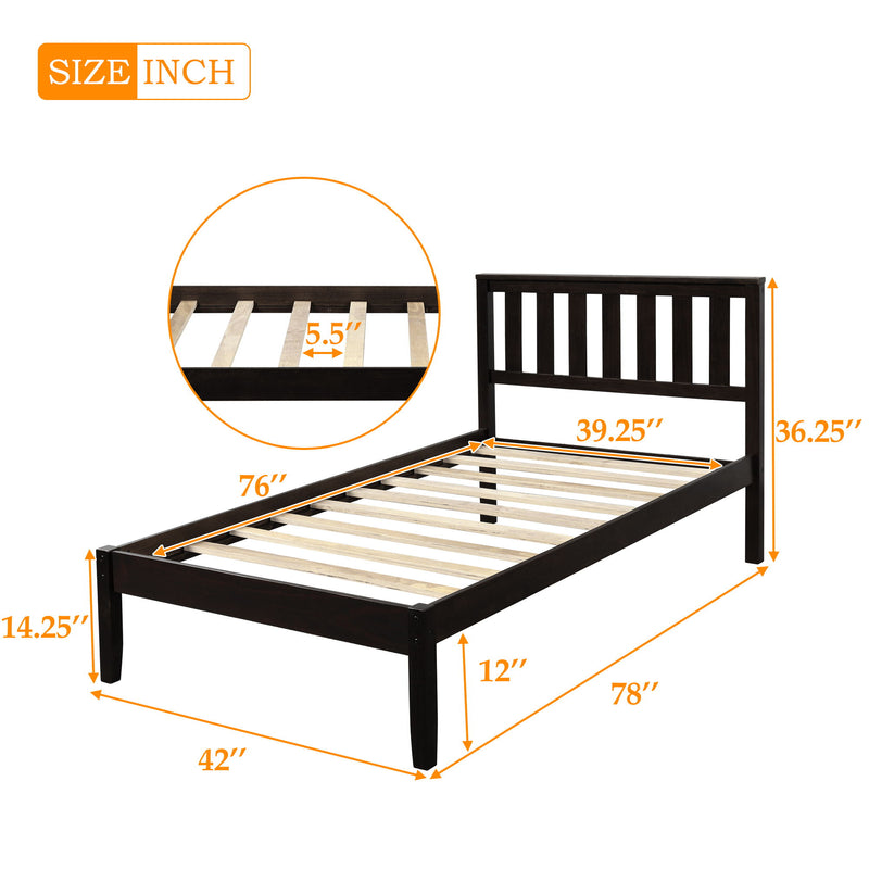 Twin Platform Bed With Headboard / Wood Slat Support - Espresso