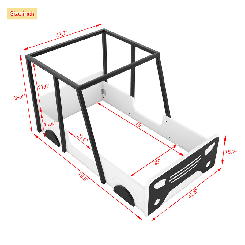 Twin Size Car-shaped Bed with Roof,Wooden Twin Floor Bed with wheels and door Design,Montessori Inspired Bedroom,Black