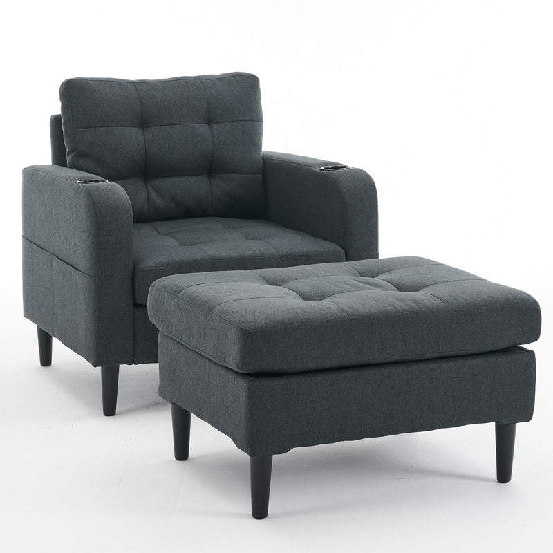 Upholstered Armchair And Storage Ottoman Set, Comfortable Single Sofa With Cup Holders And Tufted Detailing, Ideal For Living Room Or Bedroom - Dark Gray