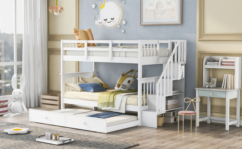 Stairway Twin Over Twin Bunk Bed With Twin Size Trundle For Bedroom, Dorm, Adults - White