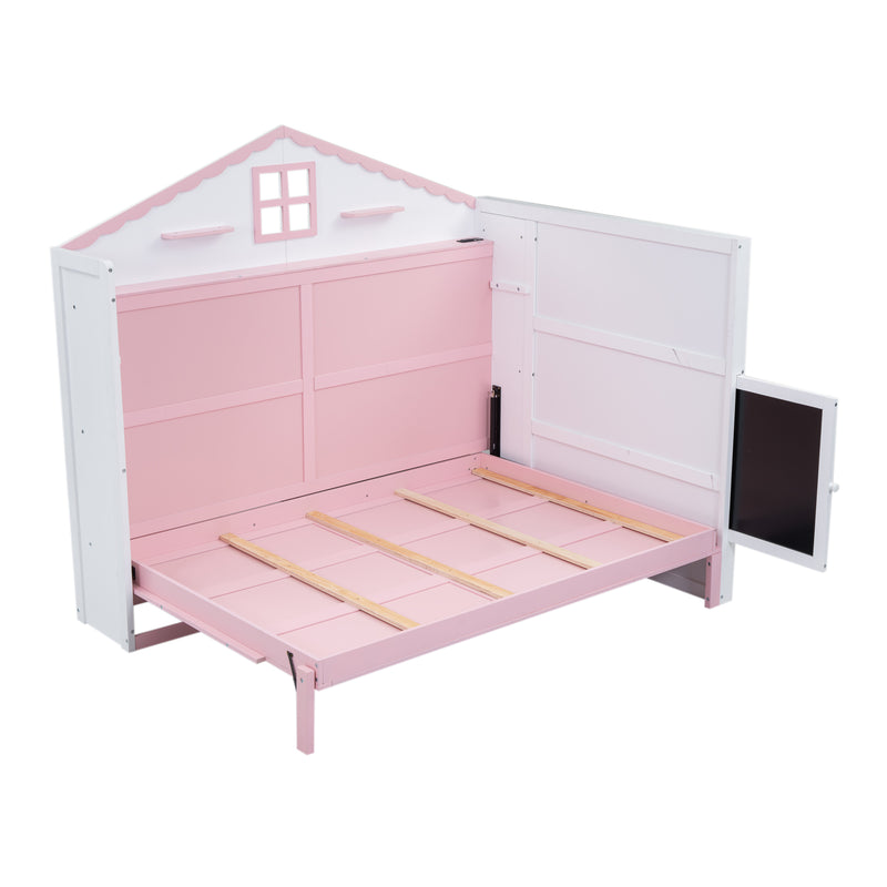 Wood Full Size House Murphy Bed with USB, Storage Shelves and Blackboard, Pink+White