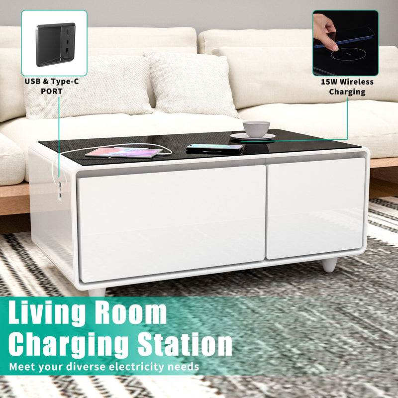 Modern Smart Coffee Table With Built-In Fridge, Bluetooth Speaker, Wireless Charging, Touch Control Panel, USB Ports, Outlet Protection, Atmosphere Light - White