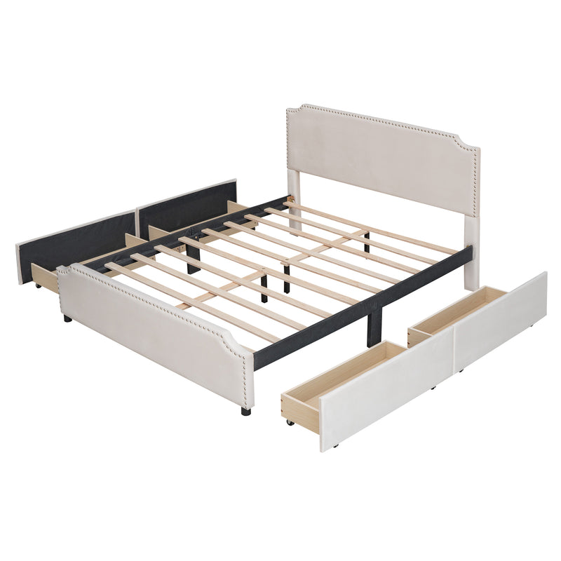 Upholstered Platform Bed with Stud Trim Headboard and Footboard and 4 Drawers No Box Spring Needed, Velvet Fabric, Queen Size (Beige)