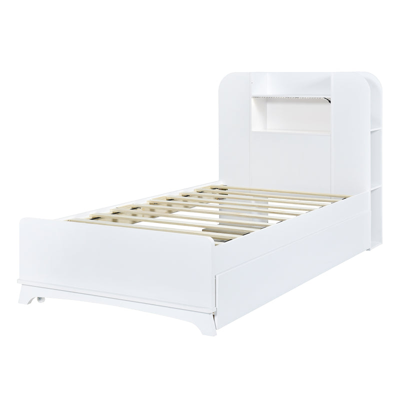 Twin Size Storage Platform Bed Frame with with Trundle and Light Strip Design in Headboard,White