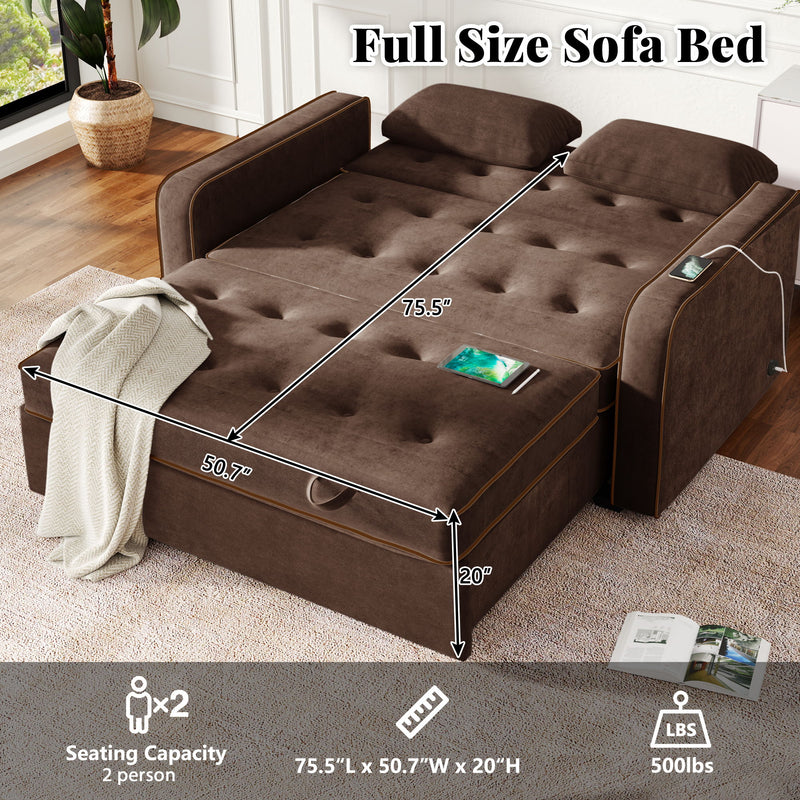 Upholstered Sleeper Bed, Pull Out Sofa Bed Couch Attached Two Throw Pillows, Dual USB Charging Port And Adjustable Backrest For Living Room Space