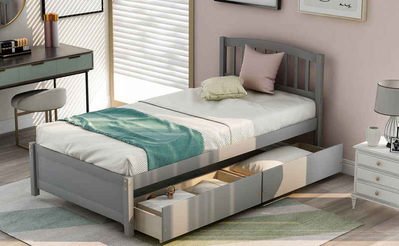 Twin Platform Storage Bed Wood Bed Frame With Two Drawers And Headboard - Gray