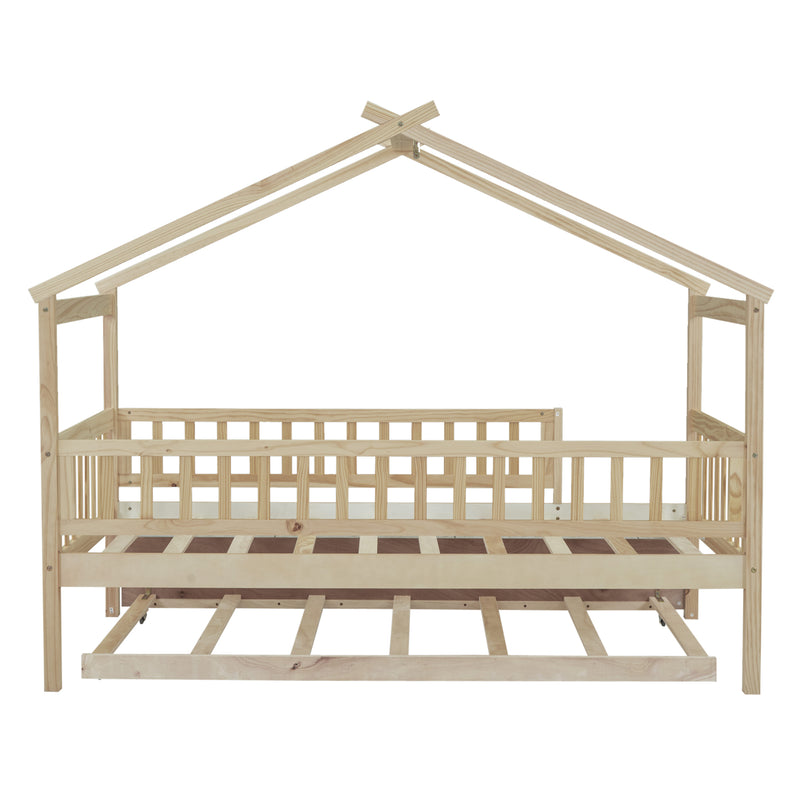 Twin Size Wooden House Bed with Twin Size Trundle, Natural