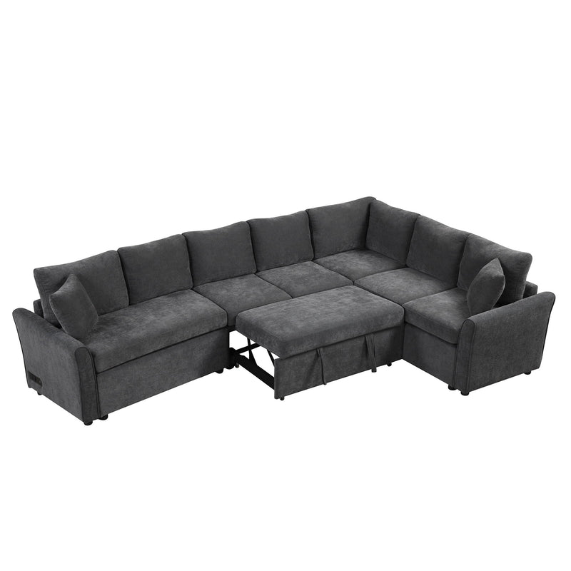 L-Shaped Sofa Convertible Sofa Bed Pull Out Sofa Sleeper With Two Back Pillows, Two USB Ports And Two Power Sockets For Living Room