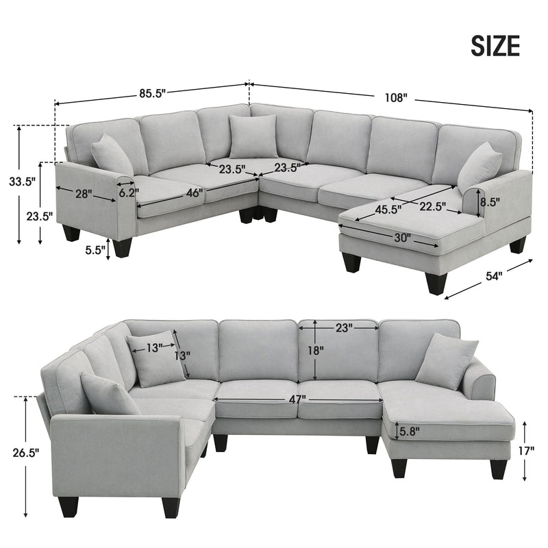 Modern U Shape Sectional Sofa, 7 Seat Fabric Sectional Sofa Set With 3 Pillows Included For Living Room, Apartment, Office