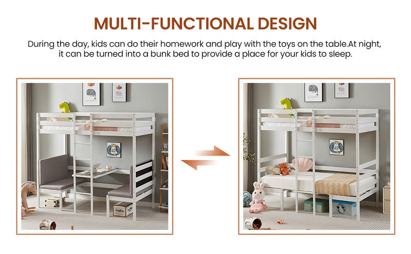 Twin Over Twin Bunk Beds Can be Turn into Upper Bed and Down Desk, Cushion Sets are Free for Kids, Teens, Girls, Boys. White,79''L x 40.9''W x 79''H.