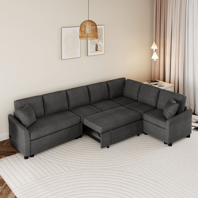 L-Shaped Sofa Convertible Sofa Bed Pull Out Sofa Sleeper With Two Back Pillows, Two USB Ports And Two Power Sockets For Living Room