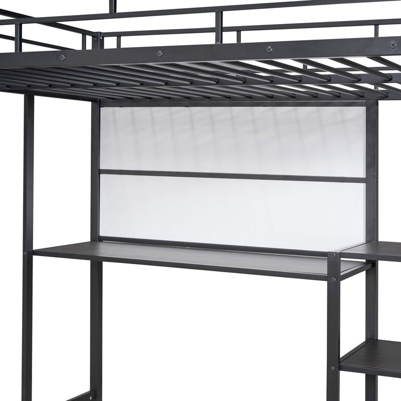 Full Size Loft Bed With Desk And Whiteboard, Metal Loft Bed With 3 Shelves And Ladder - Black