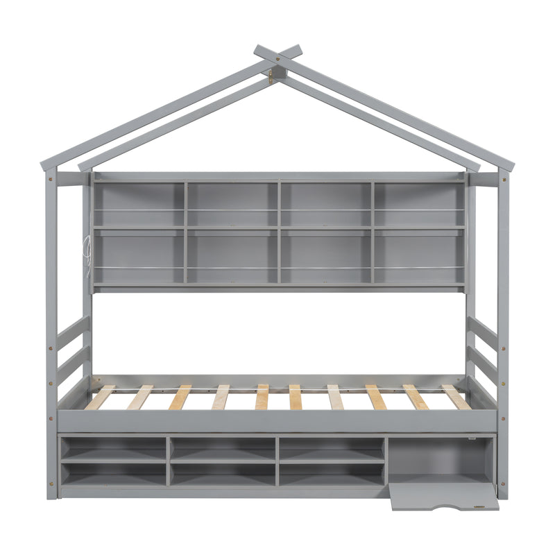 Twin House Bed with Roof Frame, Bedside-shelves, Under Bed Storage Unit,Grey