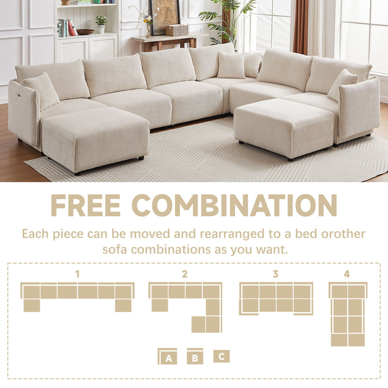 Multi-Module Combination Style Sofa For Living Room, Bedroom And Other Lounge Spaces, Modern Minimalist Corduroy Combination Sofa With 2 Comfort Cushions With USB & C Charging Ports, Two Sets - Beige