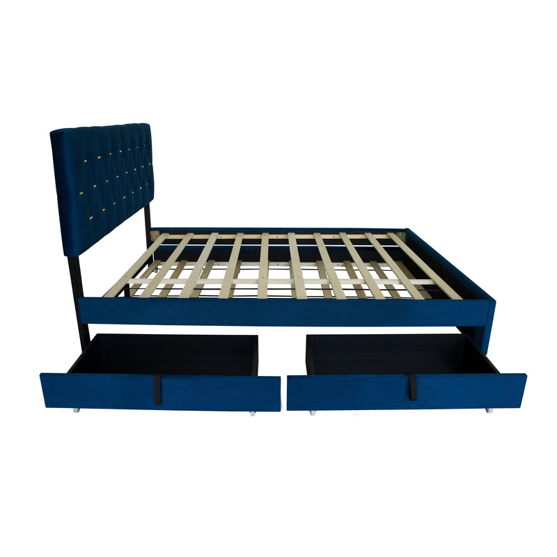 BLUE QUEEN SIZE TRUNDLE PULL OUT DRAWERS STORAGE UPHOLSTERED BED MODERN  DESIGN NO BOX SPRING REQUIRED