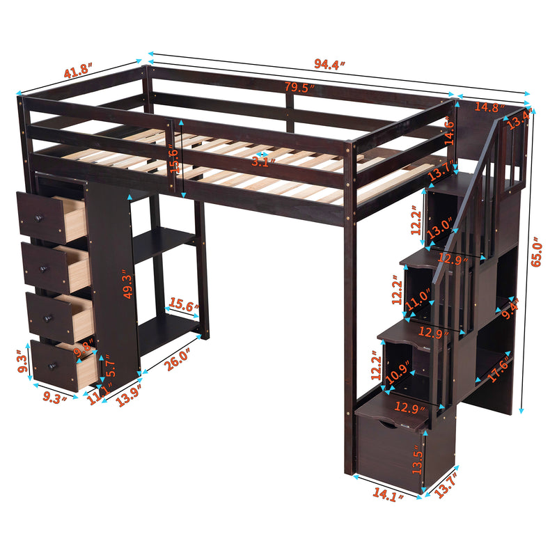 Twin size Loft Bed with Storage Drawers and Stairs, Wooden Loft Bed with Shelves - Espresso