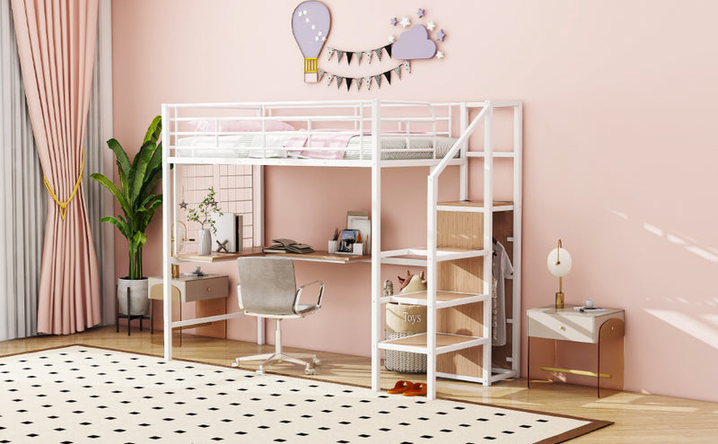 Twin Size Metal Loft Bed with Desk and Metal Grid, Stylish Metal Frame Bed with Lateral Storage Ladder and Wardrobe, White