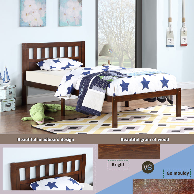 Twin Size Bed, Wood Platform Bed Frame with Headboard For Kids, Slatted, Dark Walnut