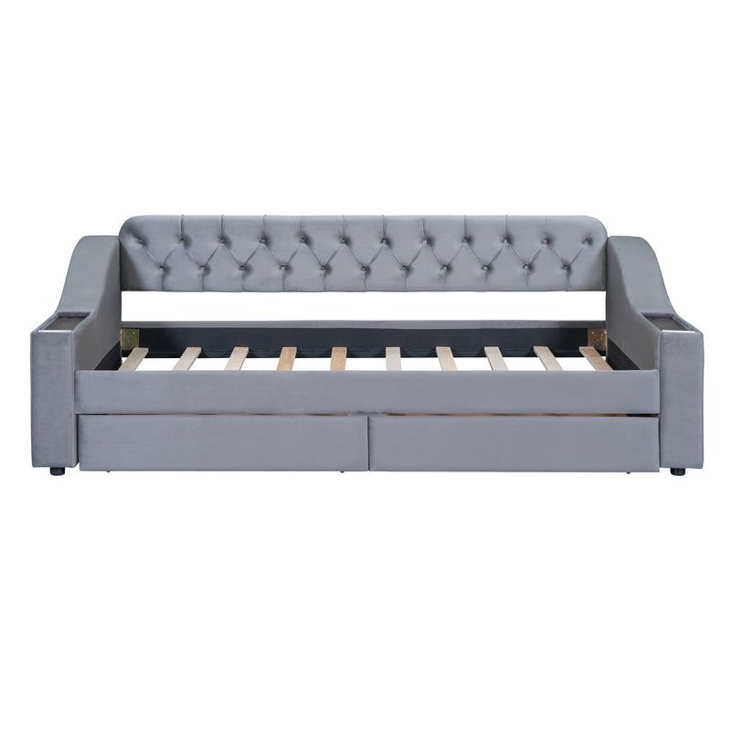 Twin Size Upholstered Daybed with Storage Armrests and USB Port, Gray