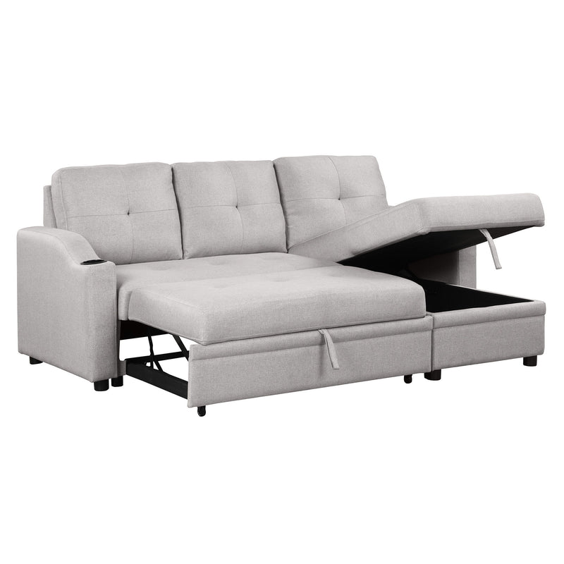 Pull Out Sofa Bed Modern Padded Upholstered Sofa Bed, Linen Fabric 3 Seater Couch With Storage Chaise And Cup Holder, Small Couch For Small Spaces