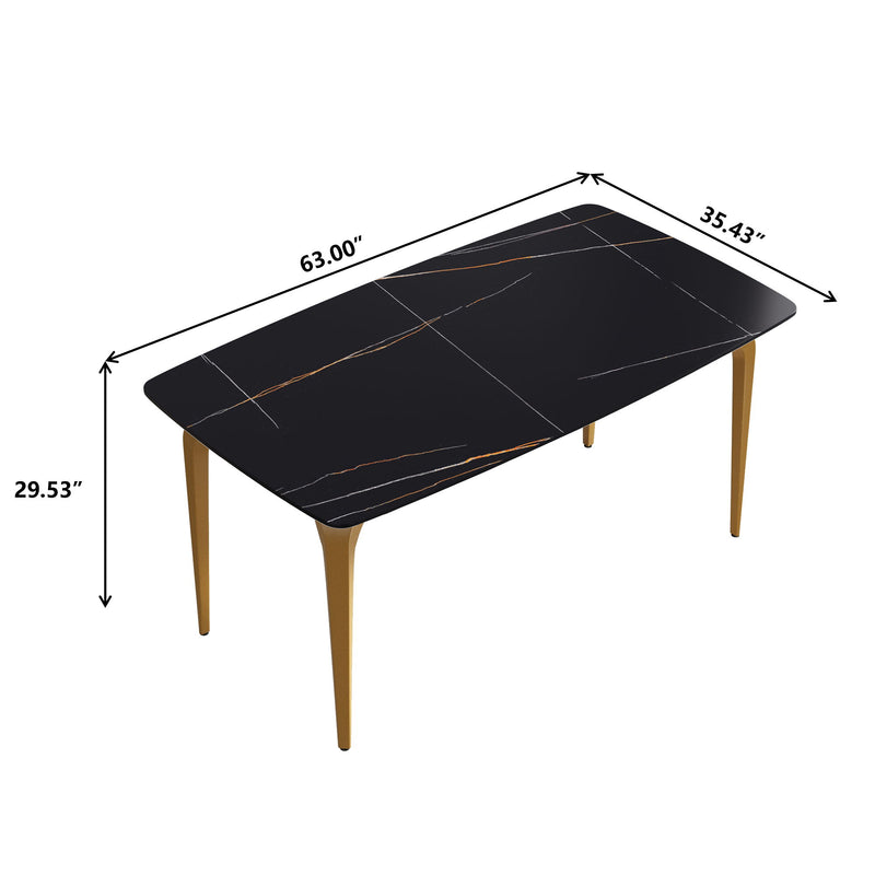 63" Modern Artificial Stone Black Curved Golden Metal Leg Dining Table, 6 People - Black / Gold