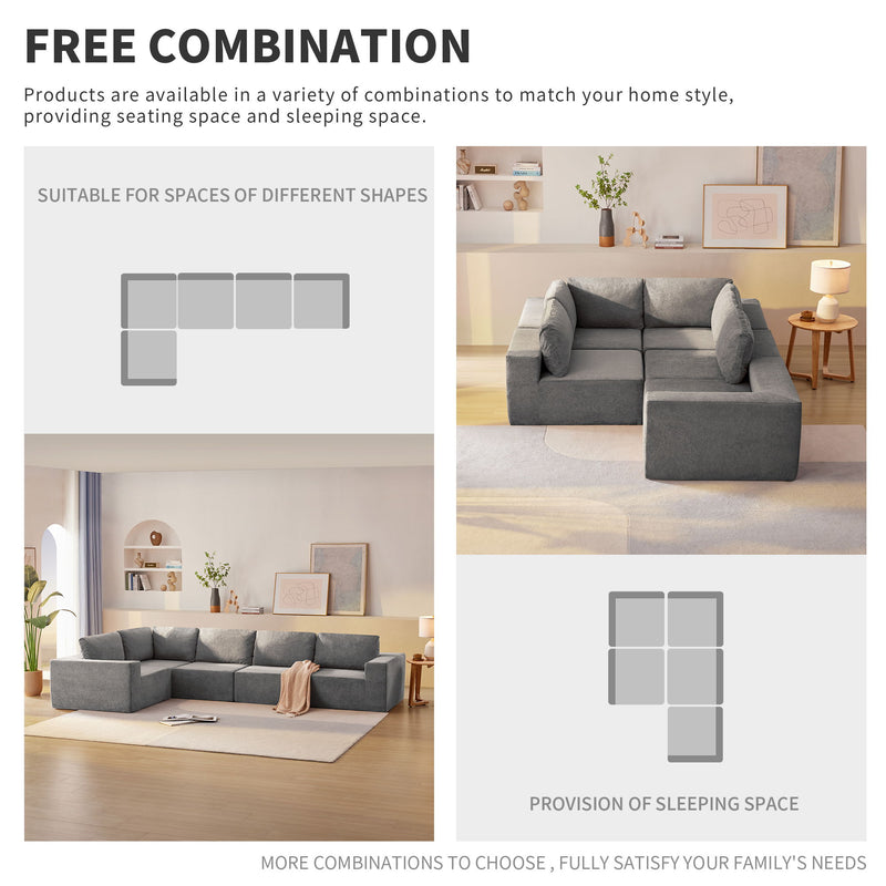 Modular L Shaped Sectional Sofa, Luxury Floor Couch Set, Upholstered Indoor Furniture, Foam - Filled Sleeper Sofa Bed For Living Room, Bedroom, 5 Pieces Free Combination - Gray