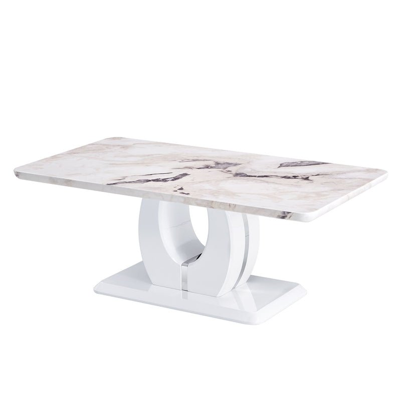 Modern Simple Luxury Imitation Marble Dining Table Rectangular Coffee Table, The Computer Desk, The Game Table, Suitable For Dining Room, Living Room, Terrace, Kitchen - White