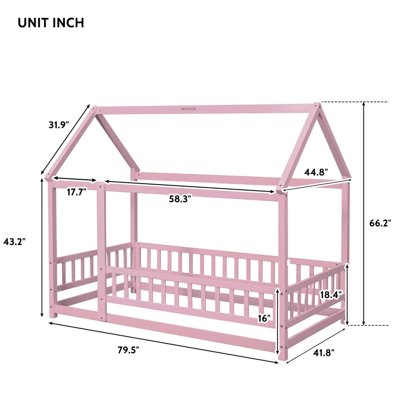 Floor Wooden Bed With House Roof Frame, Fence Guardrails