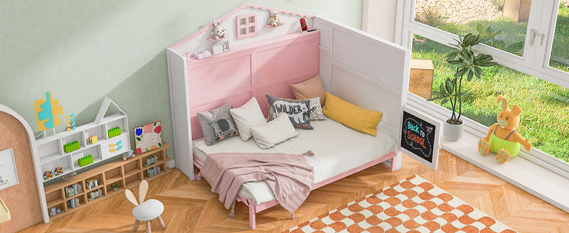 Wood Full Size House Murphy Bed with USB, Storage Shelves and Blackboard, Pink+White