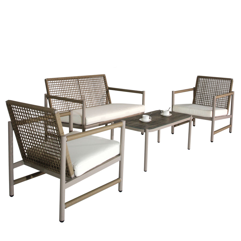 4 Pieces Patio Furniture Set, PE Rattan Wicker With Washable Cushion And Tempered Glass Tabletop, Conversation Furniture For Garden Poolside Balcony